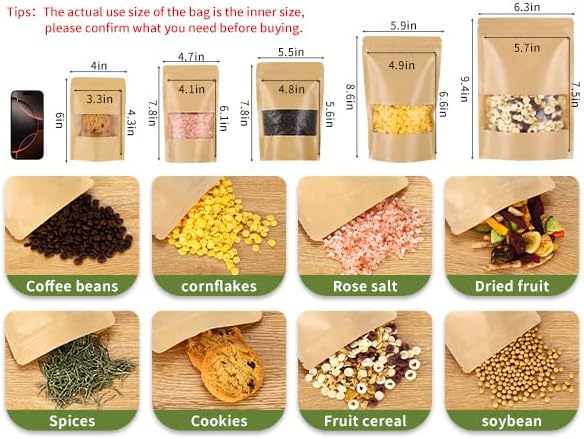 Kraft Paper Bags with Transparent Window, Stand Up Pouches Smell Proof Bags | 100 Pcs 4x6 Inch Resealable Bags for Small Business, Zipper. Food Storage, for Packaging Snacks Cookies Candy - Image 6