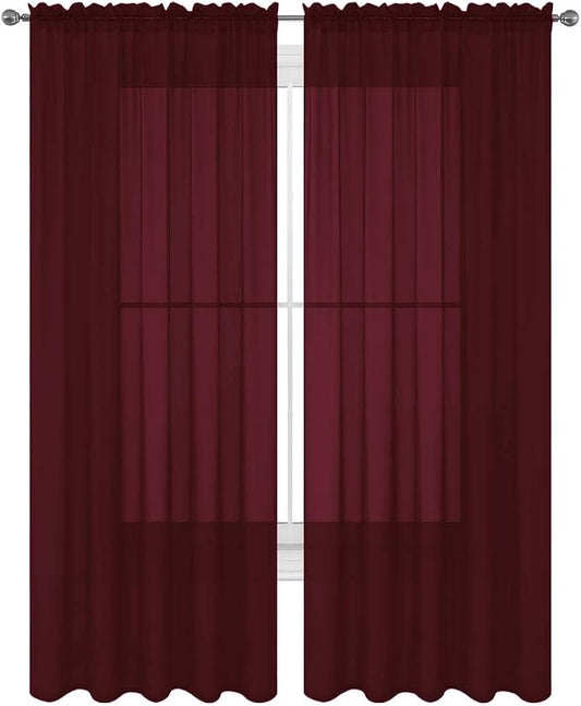 2 Piece Solid Elegant Sheer Curtains Fully Stitched Panels Window Treatment Drape (54" X 108", Burgundy) by Decotex