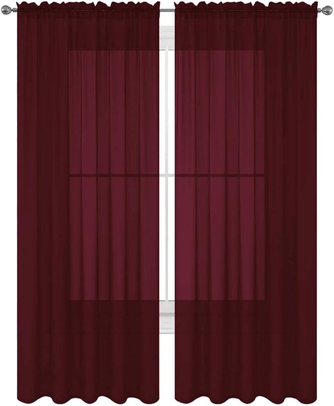 2 Piece Solid Elegant Sheer Curtains Fully Stitched Panels Window Treatment Drape (54" X 120", Burgundy) by Decotex