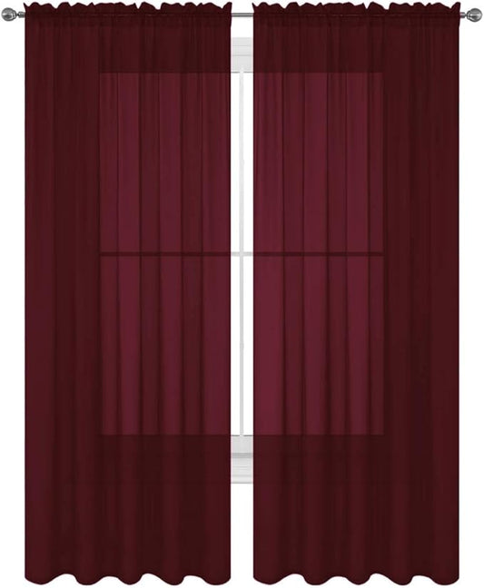 2 Piece Solid Elegant Sheer Curtains Fully Stitched Panels Window Treatment Drape (54" X 120", Burgundy) by Decotex