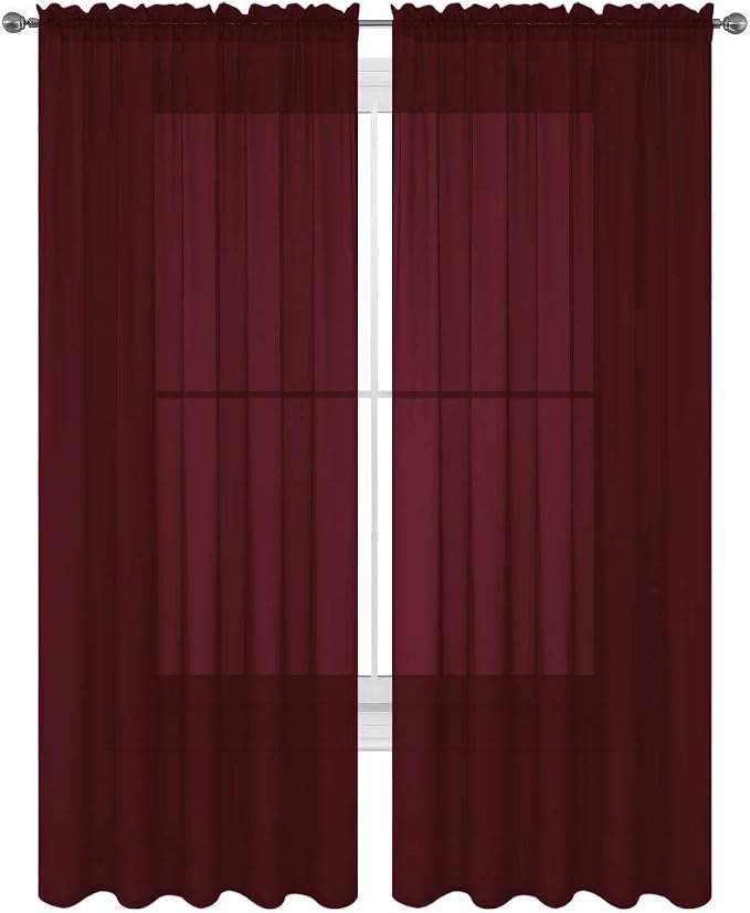 2 Piece Solid Elegant Sheer Curtains Fully Stitched Panels Window Treatment Drape (54" X 36", Burgundy) by Decotex