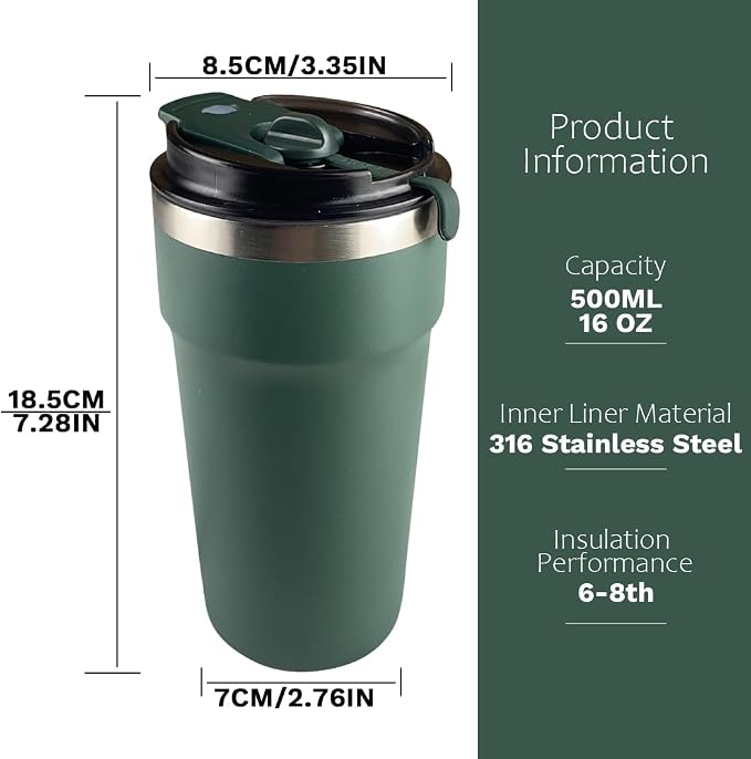 SPLMIFA Travel Coffee Mugs Leak-Proof, Reusable Coffee Cups with Lids, Stainless Steel Vacuum Insulated Coffee Tumblers, Thermal Insulation Cups for Men and Women Hot & Cold Drinks(4th-Green, 16OZ) - Image 4