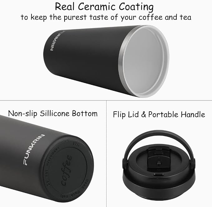 Funkrin Insulated Coffee Mug with Ceramic Coating, 16oz Iced Coffee Tumbler Cup with Flip Lid and Handle, Double Wall Vacuum Leak-Proof Travel Mug for Office School Party Camping - Image 2