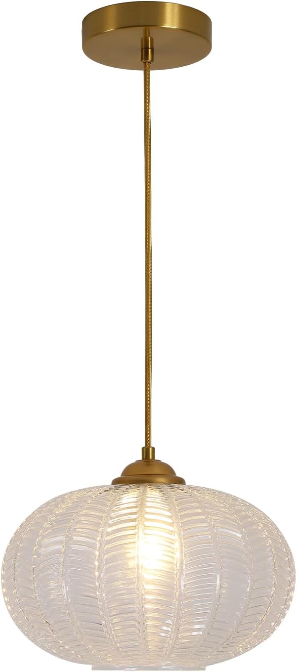 KCO Lighting Clear Ribbed Glass Pendant Light Vintage Brass Gold Pendant Lighting Large Globe Pendant Lights Kitchen Island Mid Century Modern Hanging Light for Living Room by KCOLighting