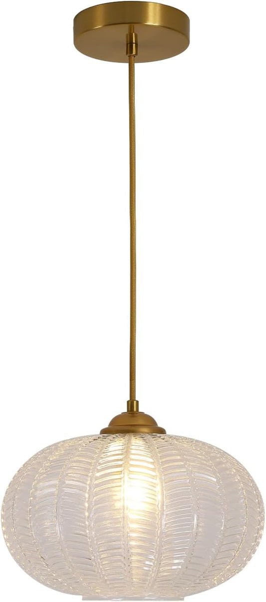 KCO Lighting Clear Ribbed Glass Pendant Light Vintage Brass Gold Pendant Lighting Large Globe Pendant Lights Kitchen Island Mid Century Modern Hanging Light for Living Room by KCOLighting