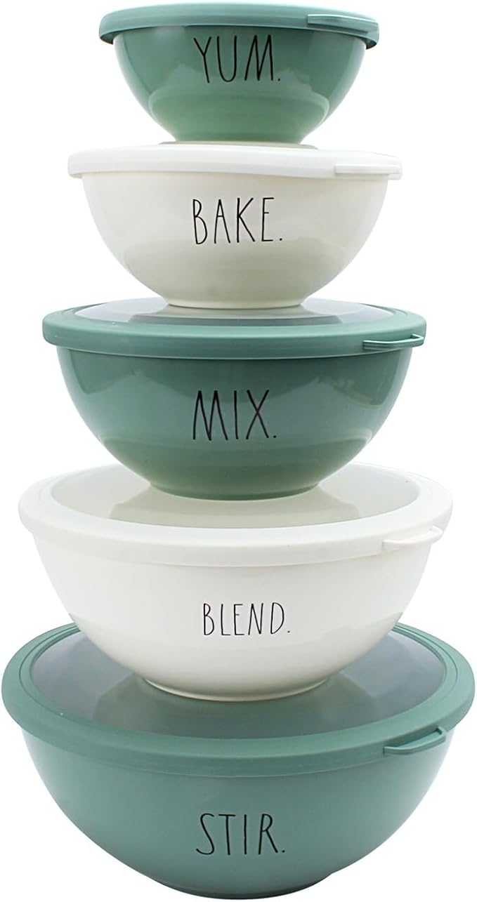 Rae Dunn Mixing Bowls with Lids - 10 Piece Plastic Nesting Bowls Set includes 5 Prep Bowls and 5 Lids (Sage) - Image 2
