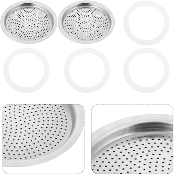 Moka Pot Replacement Parts Set with 2 Stainless Steel Filters and 4 Silicone Gasket Seals for 3 6 9 Cup Espresso Maker Coffee Accessories(6Cup) - Image 4