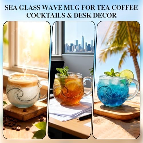 Sea Glass Wave Mug, 12 oz Handblown Ocean Wave Glass Mug Cup | Textured Sea Wave Design Unique Glassware for TeaCoffeeCocktails Beach Lovers Gift Giving 1PCS - Image 4