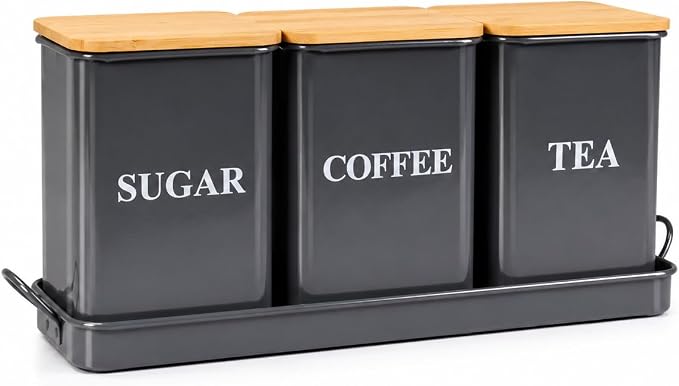 Coffee Tea Sugar Container Set , 50 oz Metal Kitchen Canisters-Gray | Countertop Storage Containers with Wood Lids and Tray, Storage Canister for Coffee Bar, Pantry and Farmhouse Kitchen Decor by Unknown