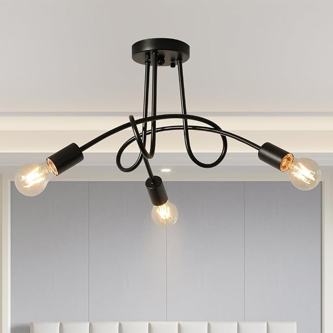 Modern Farmhouse Chandelier,22 Inch 3 Light Sputnik Semi Flush Mount Ceiling Light, Metal Black Rustic Light Fixture for Dining Room Bedroom Kitchen Hallway Entryway by ThreebroBrand