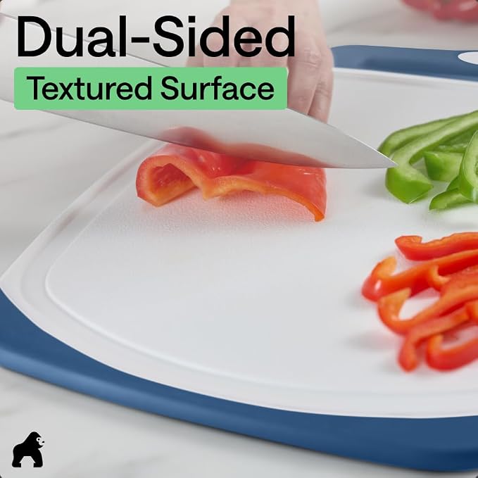 GORILLA GRIP BPA-Free Reversible Kitchen Cutting Board Set of 3, US Designed, Nonporous, Juice Grooves Catch Liquid, Slip Resistant Border, Dishwasher Safe Large Food Chopping Boards, Red Blue Green - Image 6
