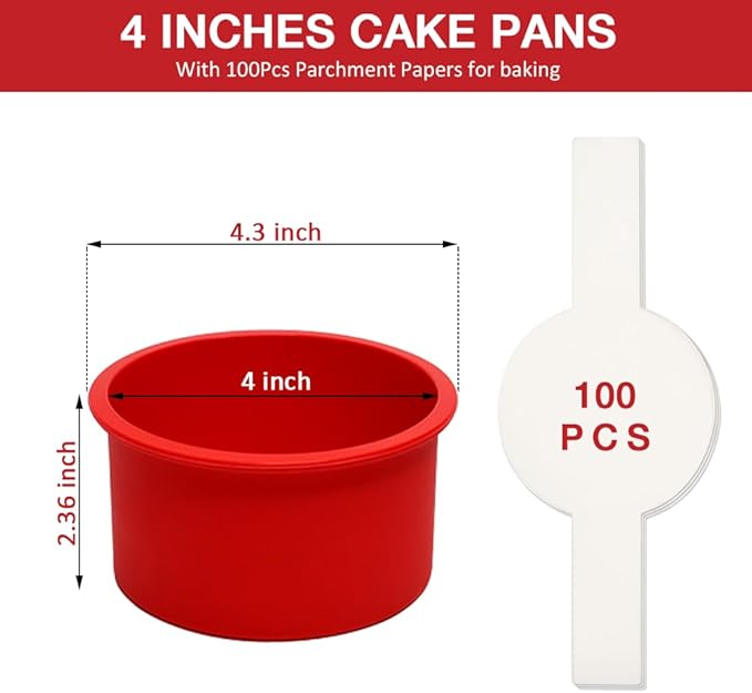 Alimat PluS 4 Inch Round Cake Pan Silicone, 5 Pack Mini Cake Pans with 100 Pieces Parchment Paper, Silicone Cake Molds for Multilayer Cakes, Puddings