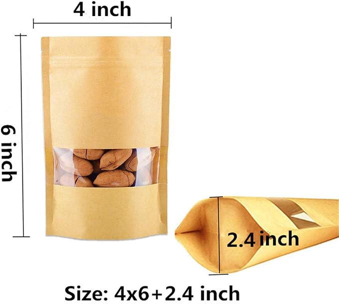 Kraft Heat Sealable Stand Up food Pouches Paper Mylar Bags With Clear Window And Zipper, Heavy Duty Decorative Resealable Recycled For DIY Homemade Chips Favor Cookies Christmas (50pcs 4x6+2.4 inch) - Image 2
