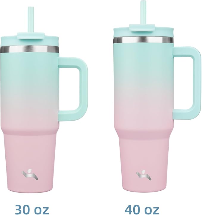 Konokyo 40 oz Insulated Tumbler Water Bottle with Handle, Straw Lid | BPA-free and dishwasher safe; made for gym, travel, coffee and gifting, 2 straws, cup holder friendly,Gum - Image 3