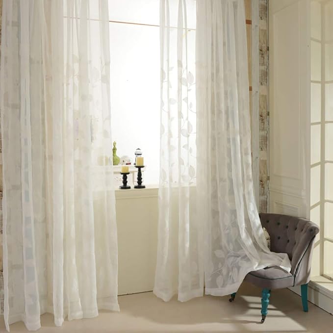 VOGOLWhite Rod Pocket Sheer Curtains 104 inches Long Embroidered Window Curtain Sheer Voile Panels for Living Room & Bedroom, Set of 2 - Image 6