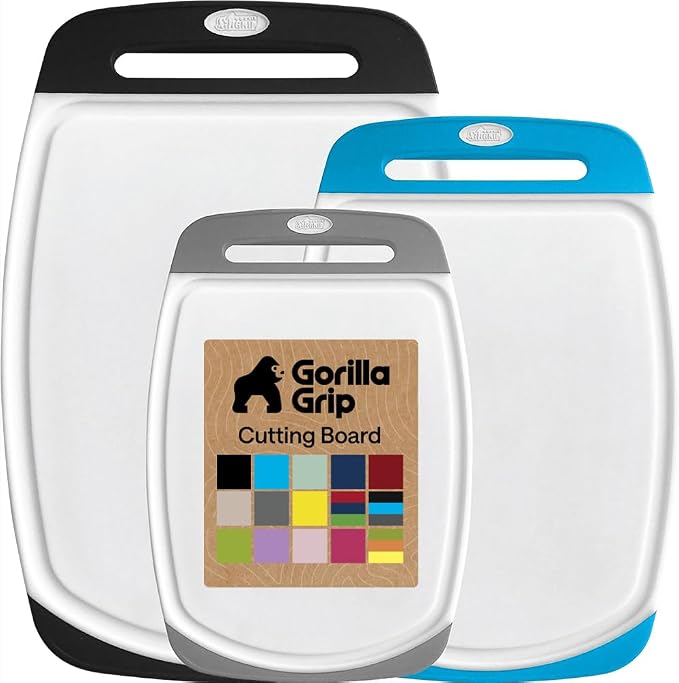 GORILLA GRIP BPA-Free Reversible Kitchen Cutting Board Set of 3, US Designed, Nonporous, Juice Grooves Catch Liquid, Slip Resistant Border, Dishwasher Safe Large Food Chopping Boards, Black Aqua Gray by Unknown