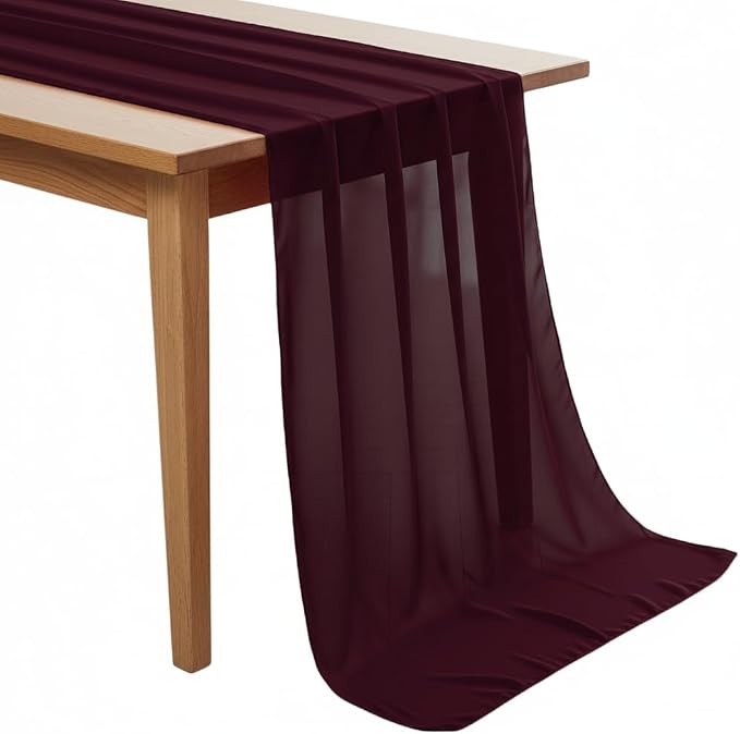 Pack of 2 | Burgundy | 14ft Chiffon Table Runner 29x170 Inches Long Romantic Rustic Sheer Gauze Runner for Wedding Bridal Shower Birthday Banquets Engagement Spring Easter Boho Decorations by MDS