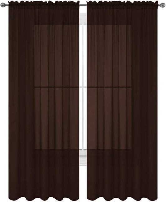2 Piece Solid Elegant Sheer Curtains Fully Stitched Panels Window Treatment Drape (54" X 36", Chocolate) by Decotex