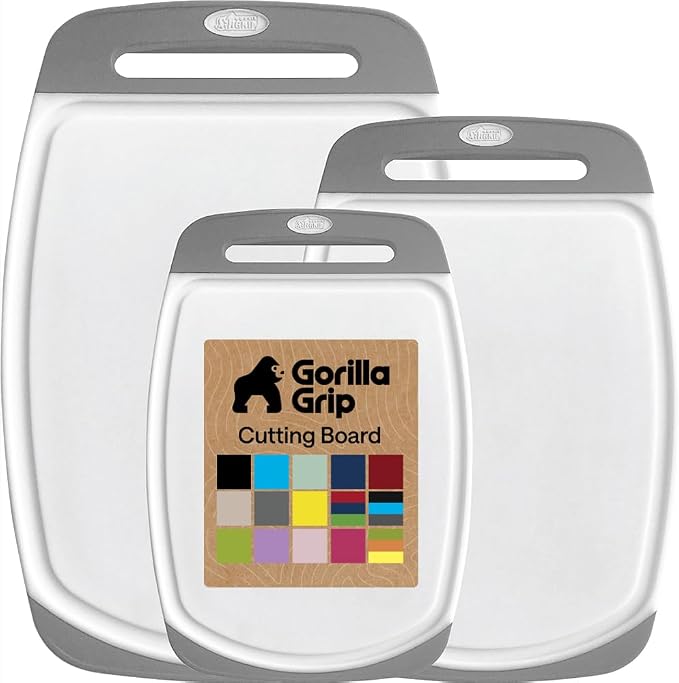GORILLA GRIP BPA-Free Reversible Kitchen Cutting Board Set of 3, US Designed, Nonporous, Juice Grooves Catch Liquid, Slip Resistant Border, Dishwasher Safe, Durable Large Food Chopping Boards, Gray by Unknown