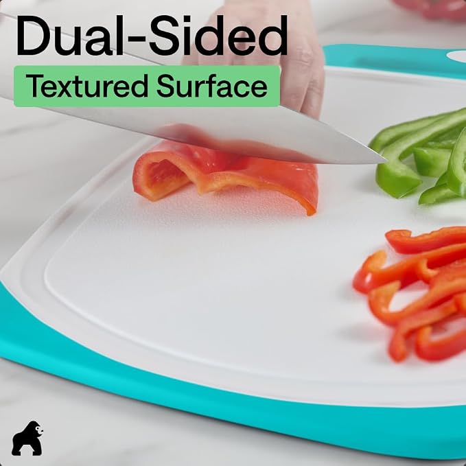 GORILLA GRIP BPA-Free Reversible Kitchen Cutting Board Set of 3, US Designed, Nonporous, Juice Grooves Catch Liquid, Slip Resistant Border, Dishwasher Safe Durable Large Food Chopping Boards Turquoise - Image 6
