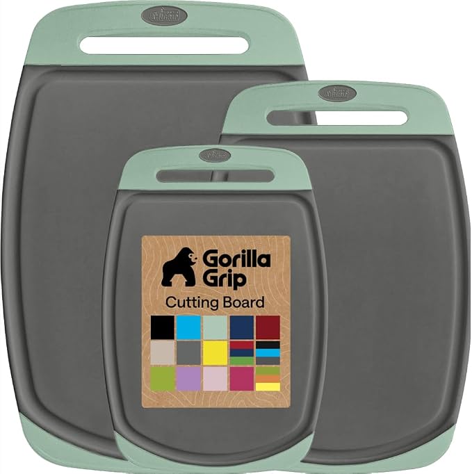 GORILLA GRIP BPA-Free Reversible Kitchen Cutting Board Set of 3, US Designed, Nonporous, Juice Grooves Catch Liquid, Slip Resistant Border, Dishwasher Safe, Durable Food Chopping Boards, Gray Mint by Unknown