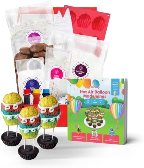 Hot Air Balloon Madeleines Kids Baking Kit STEM Learning Activity Pre-Measured Ingredients Silicone Madeleine Mold Colorful Batter & Icing Decorating Set Educational Recipe Book for Fun Family Baking
