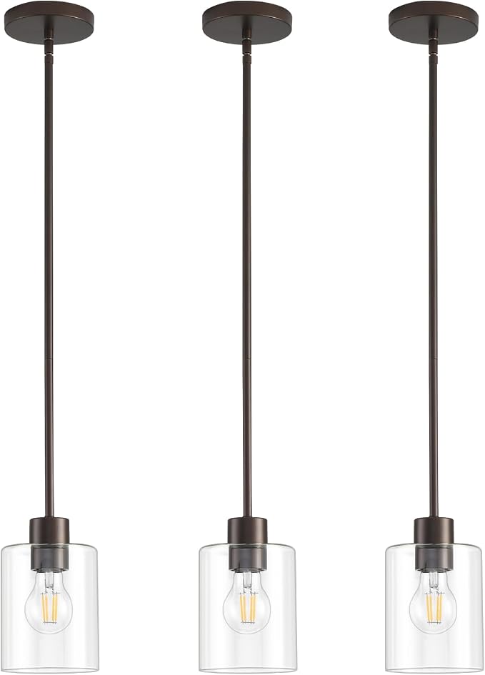Oil Rubbed Bronze Pendant Lights Kitchen Island - Clear Glass Pendant Light Fixture Multiple Stems Rods 3 Units 12 Inch 3 Units 4 Inch (3 Pack Oil Rubbed Bronze Downrod) by KLSSLighting