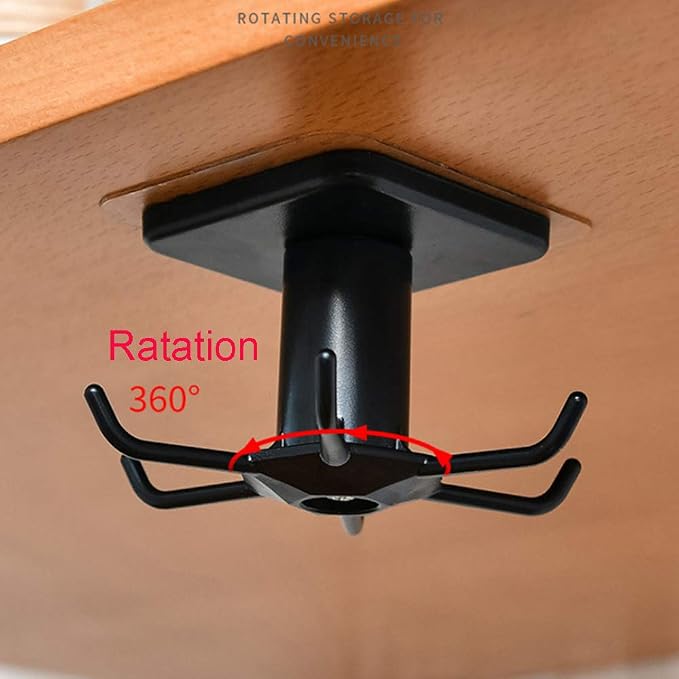 2pcs Under Cabinet Kitchen Utensil Hooks,360° Rotating Drilling Free Adhesive Utensils Hanging Rack for Tools/Towel/Knife (Black) - Image 4