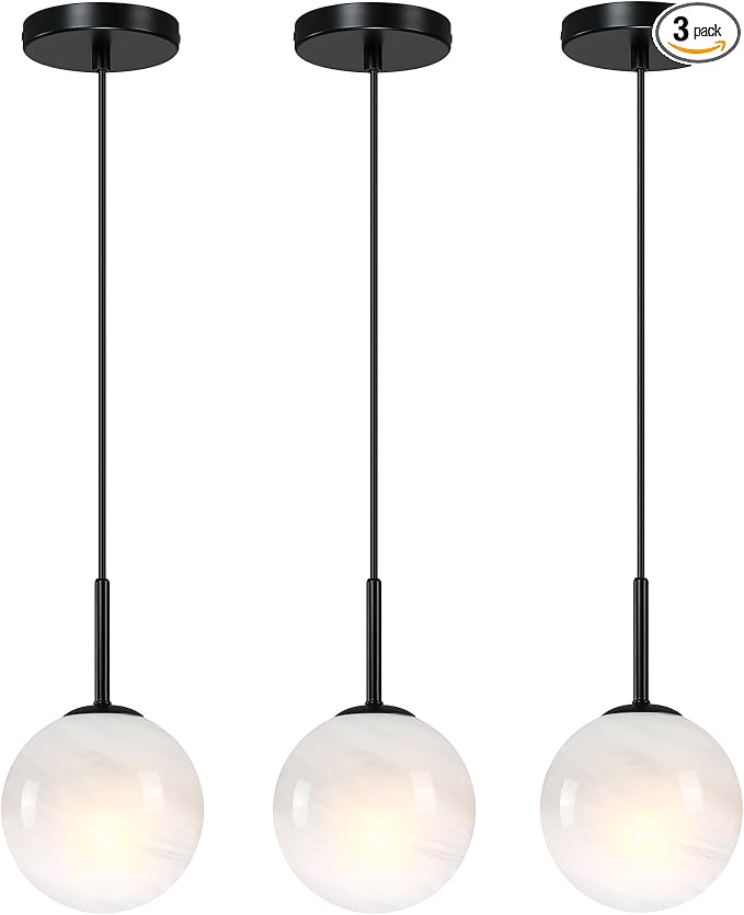 3-Pack Milky Globe Pendant Light Handcrafted Marble Glass Shade Chandelier Mid Century Single Pendant Light Kitchen Island Dining Room Lighting Fixtures Ceiling Hanging by Triacas