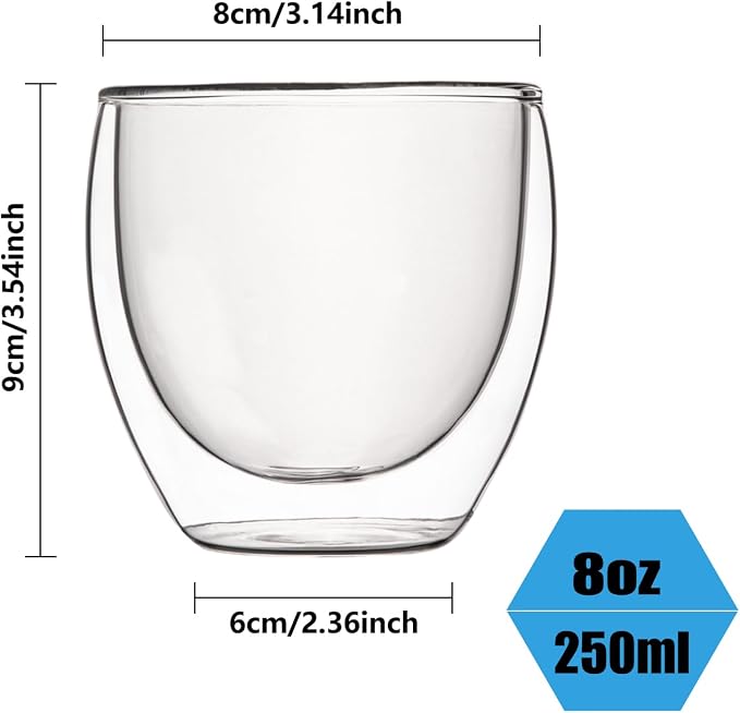 8oz Glass Coffee Mugs Set of 2, Double Walled Espresso Cups for Latte Cappuccino Cocoa Milk Cafe Juice, Clear Glass Tea Cup Set Glassware Gift for Christmas Birthday - Image 5