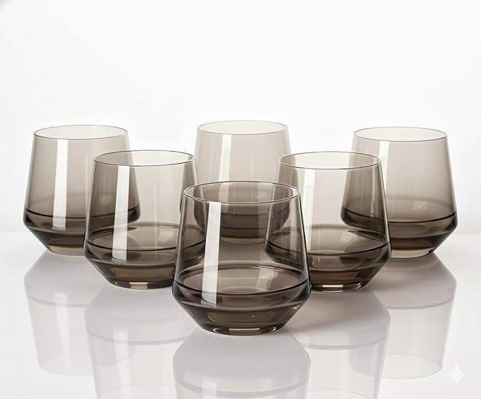 Stemless Wine Glasses Set 6【Smokey Sand Wine Glasses Stemless】 Gray Short Tumbler【14oz】 Gray Glassware for Wine or Soft Drinks,Unique Wine Gifts for Valentines Day by Colorsavant