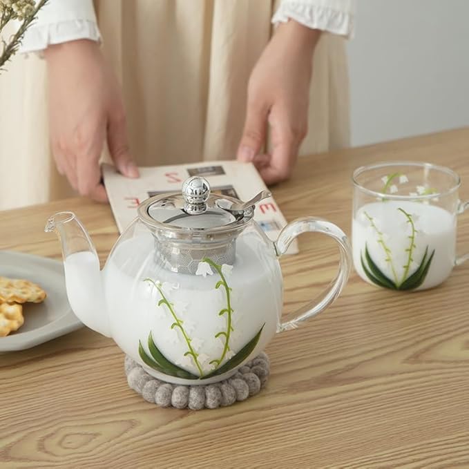 12oz/350ml Hand Painted Glass Cups With Handle,Clear Glass Coffee Cups,Coffee Glasses For Hot Beverages,Clear Mugs (Lily of the Valley)