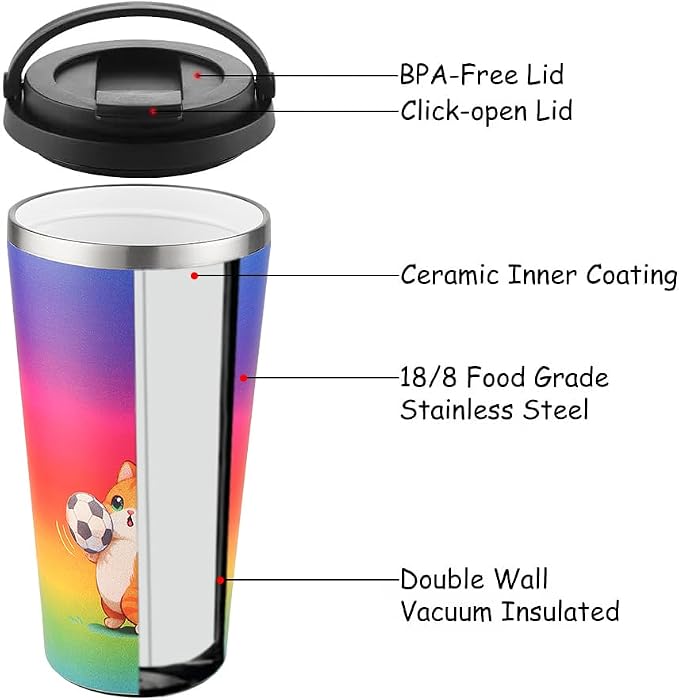 Funkrin Insulated Coffee Mug with Ceramic Coating, 16oz Iced Coffee Tumbler Cup with Flip Lid and Handle, Double Wall Vacuum Leak-Proof Travel Mug for Office School Party Camping - Image 3