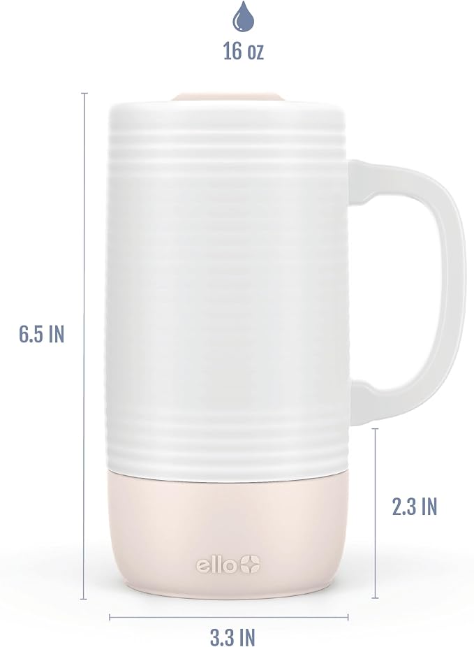 Ello Jane 18oz Ceramic Travel Mug with Handle and Built-In Coaster, Sandbar | Splash-resistant ceramic coffee tumbler with handle and silicone base. BPA-free, great for hot drinks, tea, and gifting. - Image 4