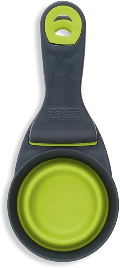 Dexas Popware for Pets Collapsible Klip Scoop, 3 in 1 Design Convenient Measuring Cup, Food Scooper and Bag Clip, 1/2 Capacity Pet Food Scoop, Versatile Food Measuring Cups Portion Control Gray/Green