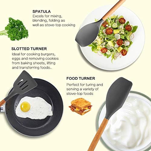MIBOTE Silicone Cooking Kitchen Utensils Set, 17 Pcs, Wooden Handle, Grey | BPA-Free, Non-Toxic Silicone Turner, Tongs, Spatula, Spoon Set – Great for Nonstick Cookware, Heat-Resistant, Easy Clean - Image 3