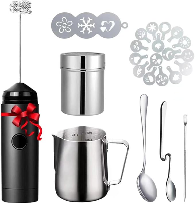 Milk Frother Handheld Art Set - with Milk Frother Pitcher, Powder Cocoa Shaker, Latte Art Pen, Coffee Stencils, Coffee Spoons