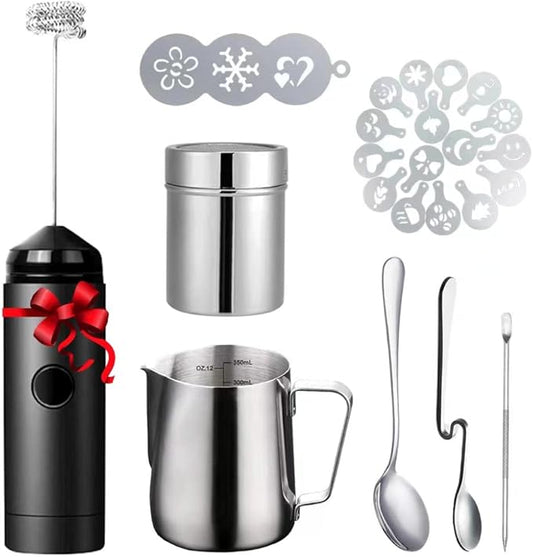 Milk Frother Handheld Art Set - with Milk Frother Pitcher, Powder Cocoa Shaker, Latte Art Pen, Coffee Stencils, Coffee Spoons