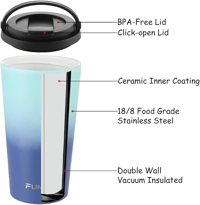 Funkrin Insulated Coffee Mug with Ceramic Coating, 16oz Iced Coffee Tumbler Cup with Flip Lid and Handle, Double Wall Vacuum Leak-Proof Travel Mug for Office School Party Camping - Image 5
