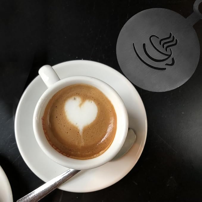 GORGECRAFT 4Pcs Coffee Decorating Stencils Coffee Cup Stencil Template Golden Coffee Latte Art Flat Round with Leaf Heart Cup Pattern Cappuccino Art Templates for Cup Cake Birthday Cake Coffee