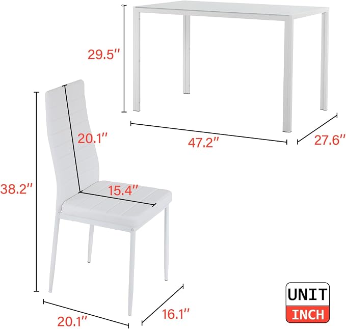 FDW | 5-Piece Dining Table Set | White | Glass Kitchen Table with 4 Upholstered Chairs and Faux Leather Cushions | Space-Saving and Modern Design | for Dining Room, Easy to Assemble - Image 3