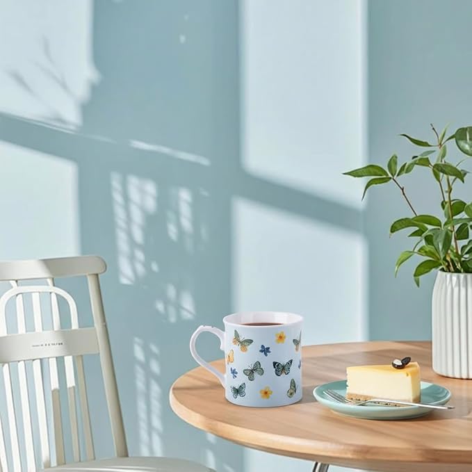 Colorful Butterfly & Floral Coffee Mug – 12 oz Premium New Bone China Blue Tea Cup, Elegant Ceramic Mug Gift for Women, Mom & Butterfly Lovers – Designed in England by Harvest Green Studio - Image 2