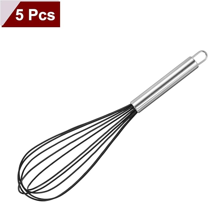 HARFINGTON 5Pcs Silicone Whisk 12" Kitchen Whisk Wire Whisks Beater with Stainless Steel Handle for Egg Milk Whisking Blending Beating & Stirring, Black