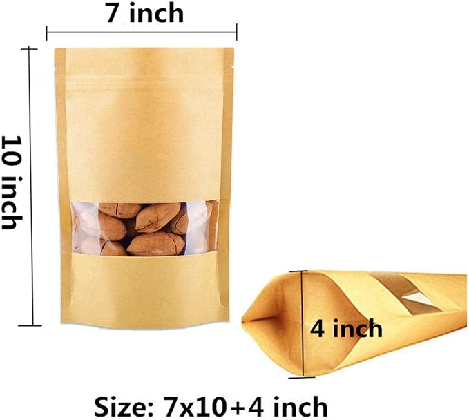 Kraft Heat Sealable Stand Up food Pouches Paper Mylar Bags With Window And Zipper,Heavy Duty Decorative Resealable Recycled For DIY Homemade Chips Favor Candy Cookies Christmas (50pcs 7x10+4inch) - Image 5