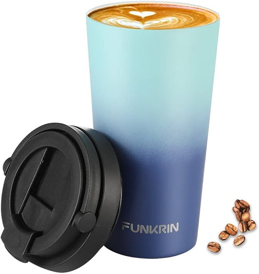 Funkrin Insulated Coffee Mug with Ceramic Coating, 16oz Iced Coffee Tumbler Cup with Flip Lid and Handle, Double Wall Vacuum Leak-Proof Travel Mug for Office School Party Camping by Funkrin