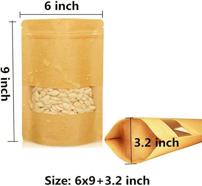 Kraft Paper Bags With Frosted Window And Zip Decorative Heavy Duty Heat Seal Recycled Resealable Mylar Stand Up Pouches Bags Sealable For DIY Food Snack Cookies Candy Coffee Popcorn (6x9+3.2inch) - Image 2