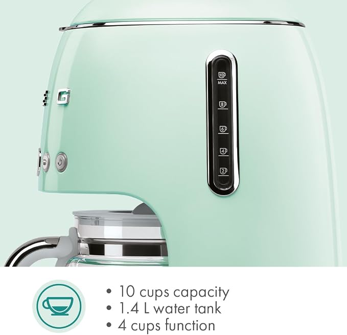 Smeg 50's Retro Style Aesthetic Drip Coffee Machine with 10 Cup Glass Carafe, Auto Start Feature, Keep Warm Plate, and Two Coffee Strength Settings (Pastel Green) - Image 7
