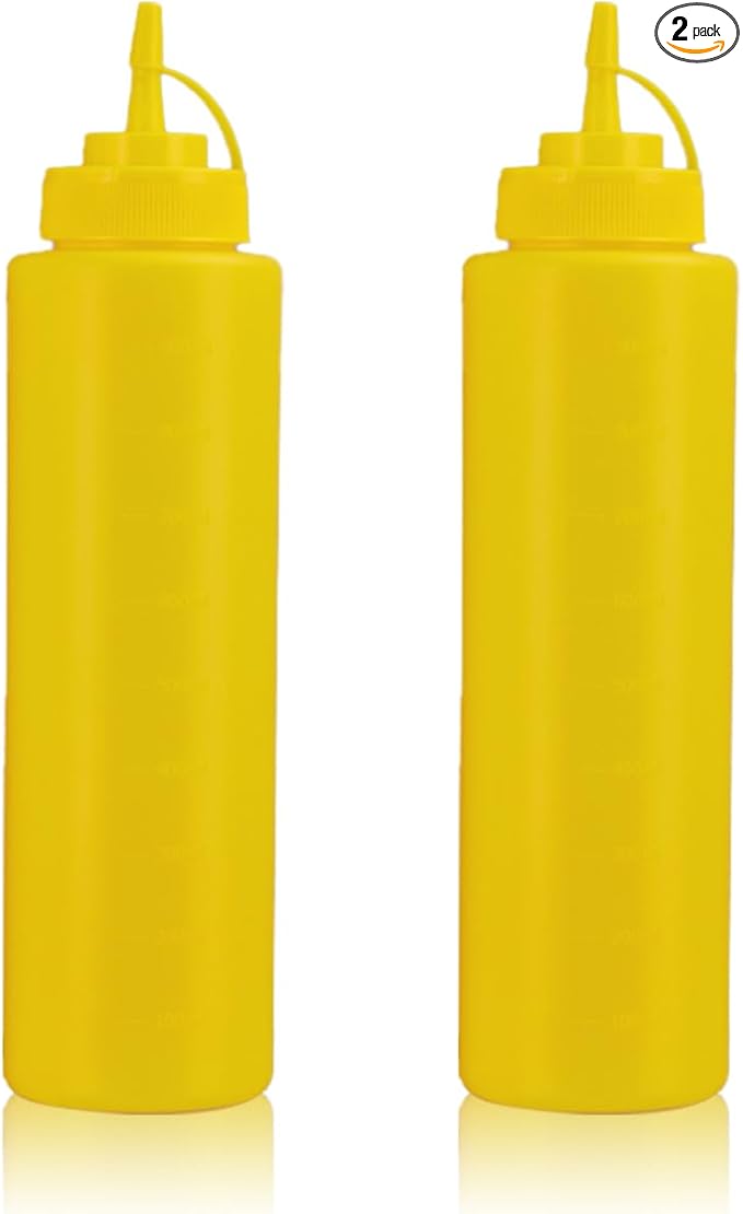 Squeeze Bottles for Sauces,Leak-Proof Condiment Dispenser, BPA-Free Kitchen Restaurant Squeeze Bottle Set with Wide Mouth for Ketchup, Mustard,Syrup,Dressings (Yellow, 2Pack-32oz(900ml))