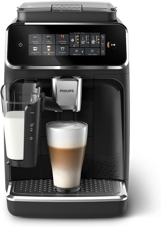 Philips 3300 Series Fully Automatic Espresso Machine with LatteGo Milk System and integrated grinder, 6 Hot & Iced Coffee Pre-Sets, 40% Quieter SilentBrew, 15-Bar Pressure, Glossy Black (EP3341/50) by Unknown