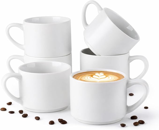 GBhome 14 OZ Coffee Mugs Set of 6, Stackable Ceramic Mugs for Men, Women, Modern Coffee Mugs With Stable Base for Latte, Tea, Cappuccino. Dishwasher & Microwave Safe, Matte White by GBhome